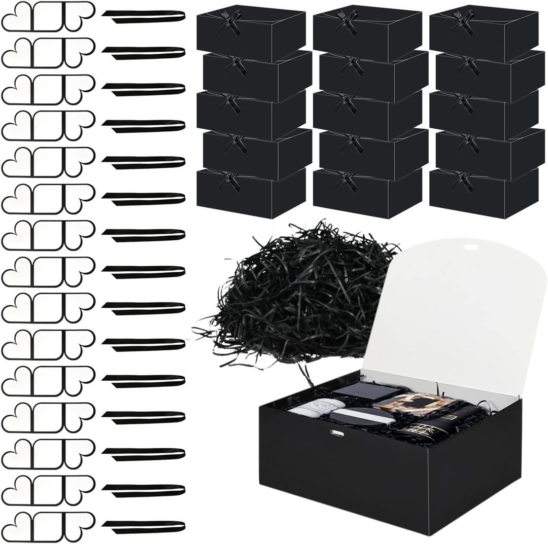 HUAPRINT 46PCS Gift Boxes Set 15 Black Gift Boxes with Lids 10x8x4 Inches for Wedding Present,Proposal,Engagements,Groomsmen-Contain 15 Boxes, 15 Greeting Cards,Paper Shred Filler,15 Ribbons