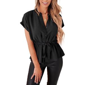 Women's Button Down Blouses Casual Peplum Summer Tops Dressy Chiffon Work Blouse (Large, Black)