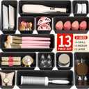 Canfanni 13 Pack Plastic Drawer Organizers Set, 3 Sizes Desk Drawer Organizer Trays for Vanity and Makeup Organizer, Organization and Storage for Makeup, Kitchen Utensils, Bathroom and Office(Black)
