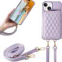 MONASAY Zipper Wallet Case Compatible for iPhone 15,[Glass Screen Protector ][RFID Blocking]Flip Leather Handbag Phone Cover with Card Holder&Detachable Crossbody Shoulder Lanyard Strap, Light purple