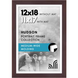 Americanflat 12x18 Poster Frame with Shatter-Resistant Glass - Use as 11x17 Frame with Mat or 12x18 Frame Without Mat - Hudson Collection - Wide Photo Frame for Wall display - Mahogany