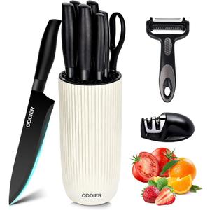 Knife Set, 10 Piece Kitchen Knife Set with Block and Sharpener, Anti-Rust Stainless Steel Knives Set for Kitchen, Chef Universal Knife Block Set, Dishwasher Safe, Ergonomical Design, White