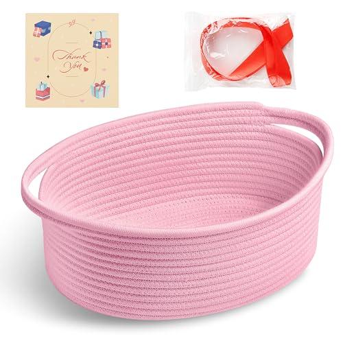 Bufims Small Woven Pink Gifts Basket for Storage Empty with Ribbons and Bags Durable Cute Gifts 12"X 8" X 5" Small Rope Basket for Gifting