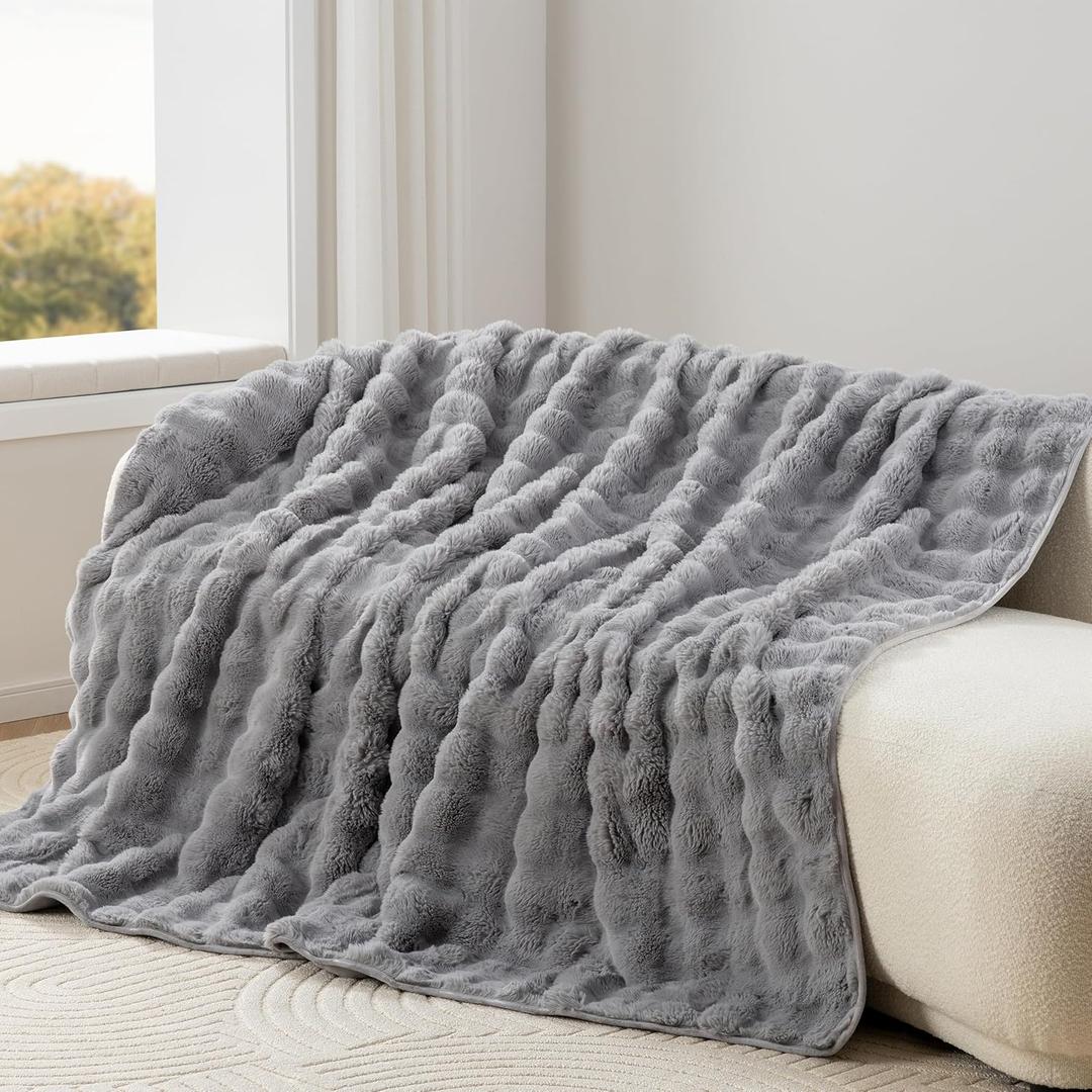 Berkshire Faux Fur & Velisse Reversible Throw - Ultra Soft Plush Blanket for Couch and Bed, Luxury Fluffy Sofa Decor, 60" x 90", Chateau Grey
