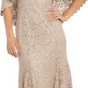 Long Sequin Lace Cocktail Dress W/Off The Shoulder Neckline and Capelet (14 Petite, Champagne)
