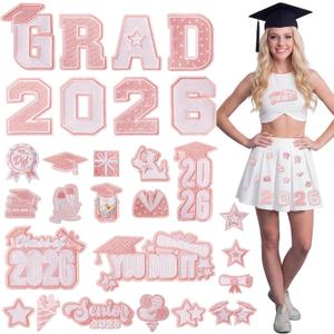 Tigeen 64 Pcs Graduation Iron on Patches Class of 2026 Embroidered Patches Grad Senior Letter Heat Transfer Sew on Applique Decals for Lei, Stole, Caps, Clothes, Jacket, Jeans(Pink and White)