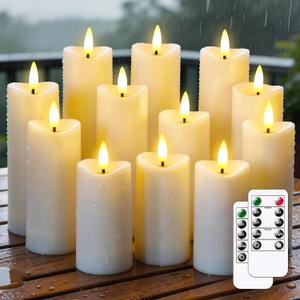 12 Pcs Battery Operated Waterproof White Plastic Flameless Pillar Candles with Timer & 2 Remotes, 2.2" x4" 4" 4" 5" 5" 5" 6" 6" 6" 7" 7" 7" Outdoor Flickering LED Warm Light for Home Decor