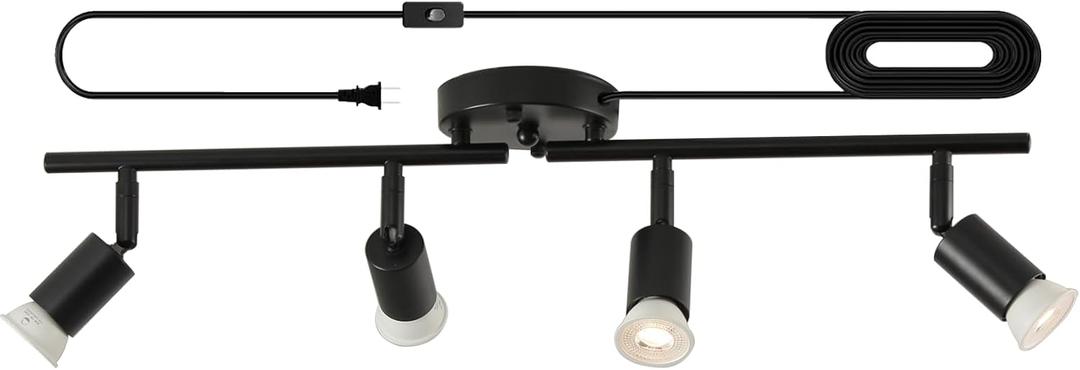 Plug in Track Light Black 4 Light Plug in Ceiling Lighting Fixture with 16.4' Long Cord,4 Way Ceiling Spotlight,Rotatable Wall Mount Light Head,GU10 Bulbs Not Included