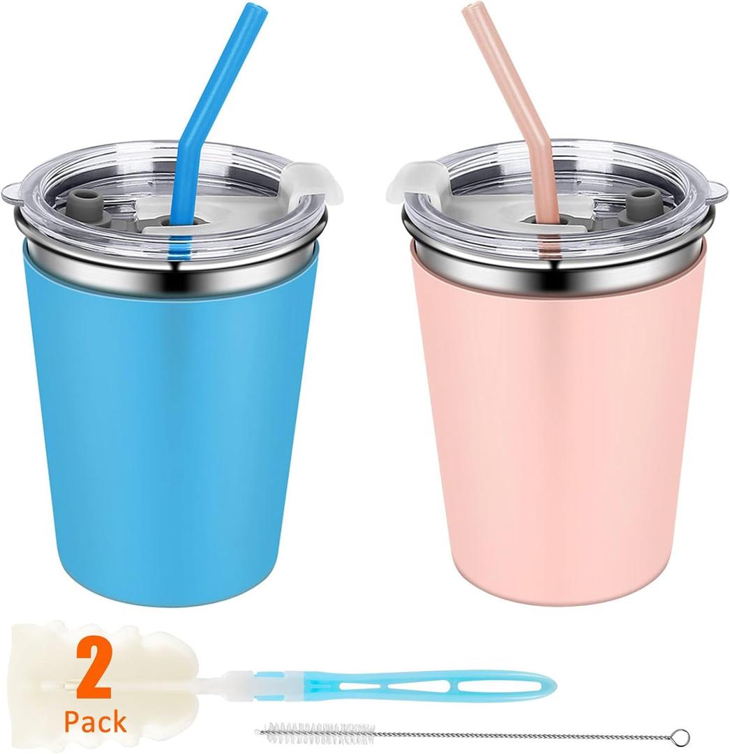 Rommeka 2 Pack Kids Cups with Straws and Lids Leak Proof, 12oz Sippy Cups for Toddlers with Colorful Sleeves, Unbreakable Stainless Steel Water Tumblers (Blue & Peach)
