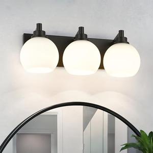 METWET Bathroom Light Fixtures, 3-Light Matte Black Vanity Light, Modern Wall Sconces with Milk White Globe Glass Shade, Vanity Lighting Fixtures Over Mirror, VL195-MB-ML-3