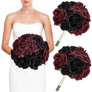 Wedding Bridesmaid Bouquets, Artificial Silk Flowers Arrangement for Ceremony Marriage Proposal Party Anniversary Decorations (Burgundy & Black, Set of 2 Bouquets)