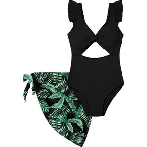 Girls One Piece Swimsuit Cut Out Ruffle Bathing Suit Twist V Neck Swimwear Solid Color with Cover Up Skirt 7-18T (Black, 13-14Y)