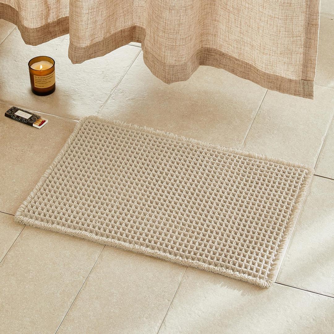 Pale Beige Bathroom Rug, Waffle Bath Mat Non Slip Washable Super Absorbent Quick Dry Boho Farmhouse Bathroom Decor, 24''x16'' Pale Beige