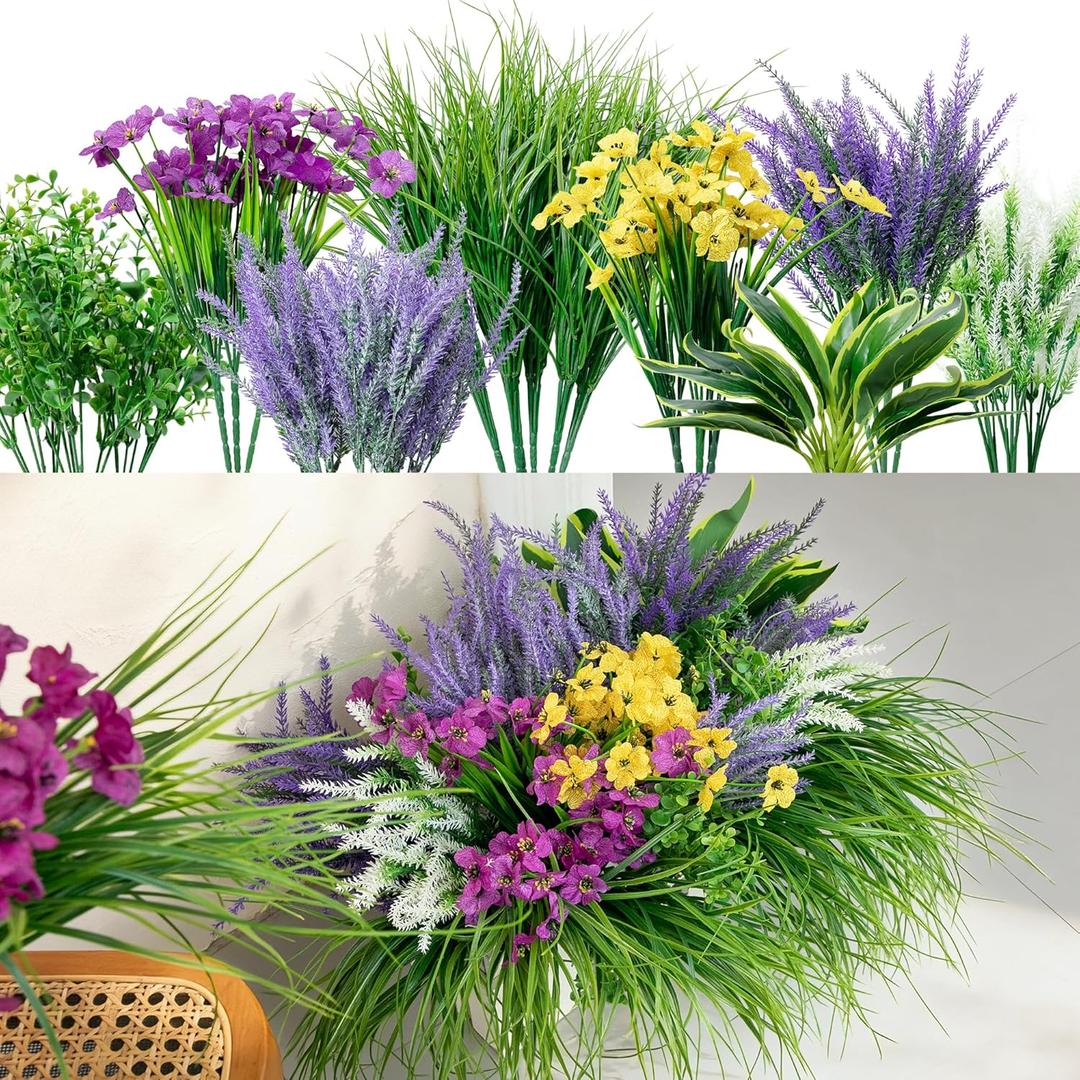 28Pcs Outdoor Artificial Boxwood UV Resistant Fake Stems Plants, Artificial Shrubs, Faux Plastic Greenery for Indoor Outside Hanging Plants Garden Porch Window Box Home Wedding Farmhouse Dcor
