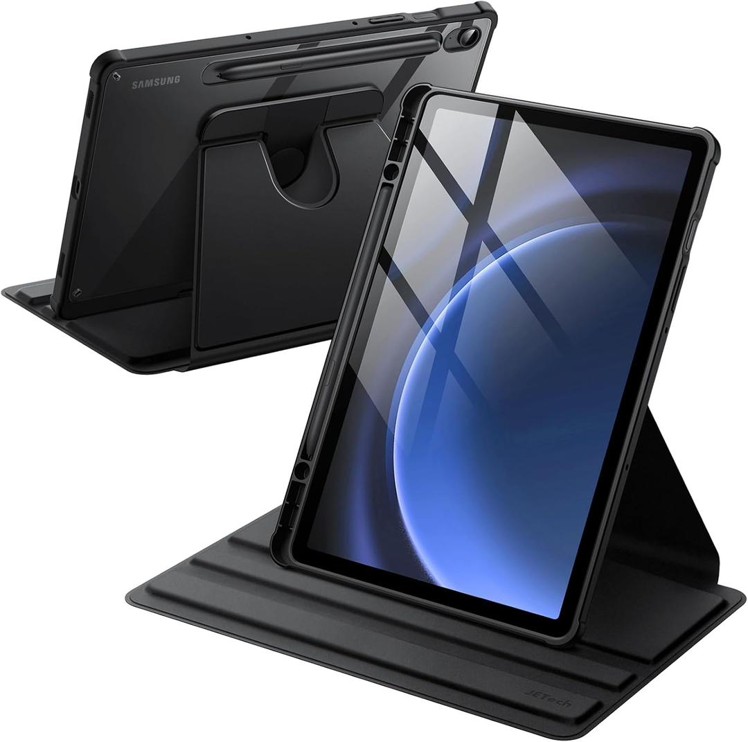 JETech Rotating Case for Samsung Galaxy Tab S10 Lite / S10 FE / S9 FE 10.9-Inch / S9 11-Inch with S Pen Holder, 360 Degree Rotation Protective Stand Cover Clear Back, Auto Wake/Sleep (Black)