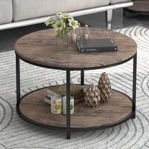 NSdirect Round Coffee Table, 25.6" Small Coffee Table for Living Room,2-Tier Rustic Wood Desktop with Storage Shelf Modern Design Home Furniture(Light Walnut) (25.6 in)