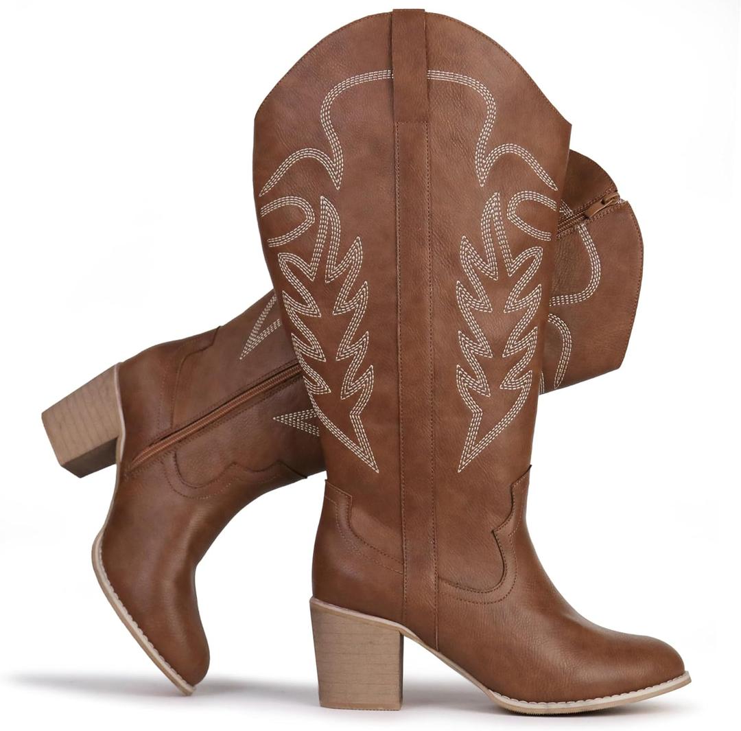 Women's Extra Wide Calf Cowboy Boots Embroidered Western Cowgirl Knee High Boots, 10 Brown