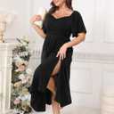 Plus Size Dress Wedding Guest Semi Formal Ruffle Short Sleeve Sweetheart Neckline Slit A Line Flowy Maxi Dresses (Black)