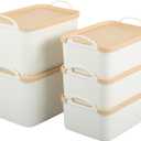 ANMINY 5PCS Plastic Storage Bins Containers with Lids, Large White Storage Organization Bins Boxes, Lidded Plastic Storage Baskets for Closet Shelves Drawers Desktop - 2 Medium 3 Small, Wheat Lids (Off White Bins with Wheat Lids)