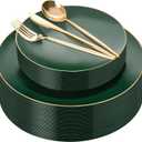 I00000 150Pcs Green Plastic Plates with Gold Rim,Green Disposable Plates Set include 30 Dinner Plate,30 Dessert Plate, 90 Gold Plastic Silverware Set for Party & Wedding