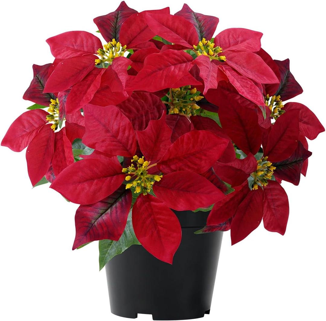 14" Poinsettias Artificial Christmas Flowers 9 Heads Faux Poinsettia Plants for Home Porch Garden Office Indoor Outdoor Christmas Decorations Hot Red (1PC)