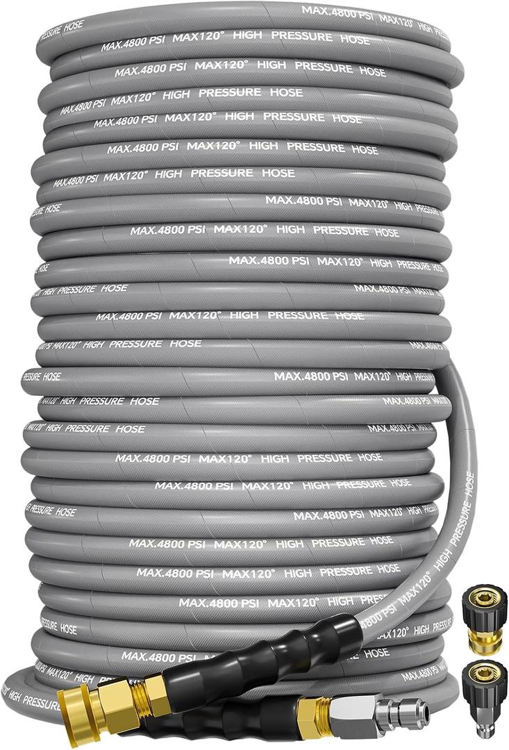 3/8" 4800PSI Pressure Washer Hose 200FT with Swivel Quick Connect for Cold/Hot Water Max 248F, Kink Resistant Steel Wire Braided, Wear Resistant Power Washer Hose with M22 14mm Adapter
