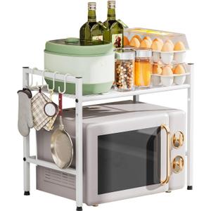 Microwave Stand Countertop, 2-Tier Adjustable Metal Oven Rack with 4 Hooks, Heavy Duty Carbon Steel Organizer Shelf for Microwave/Oven/Toaster, Kitchen Storage (White, 2-Tier)