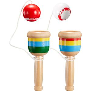 TOODOO 2-Piece Jacks Game with Paddle, String, Cup and Ball - Mini Wood Catch Ball for Hand-Eye Coordination