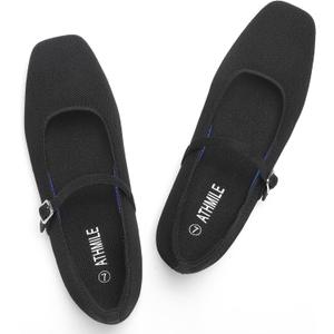 ATHMILE Square Toe Ballet Flats Mary Janes Shoes Women with Padded Heel & Adjustable Strap, Knit Slip-On Flats for Women for Office, Dressy & Casual, Machine Washable for Easy Care, Size 9 
