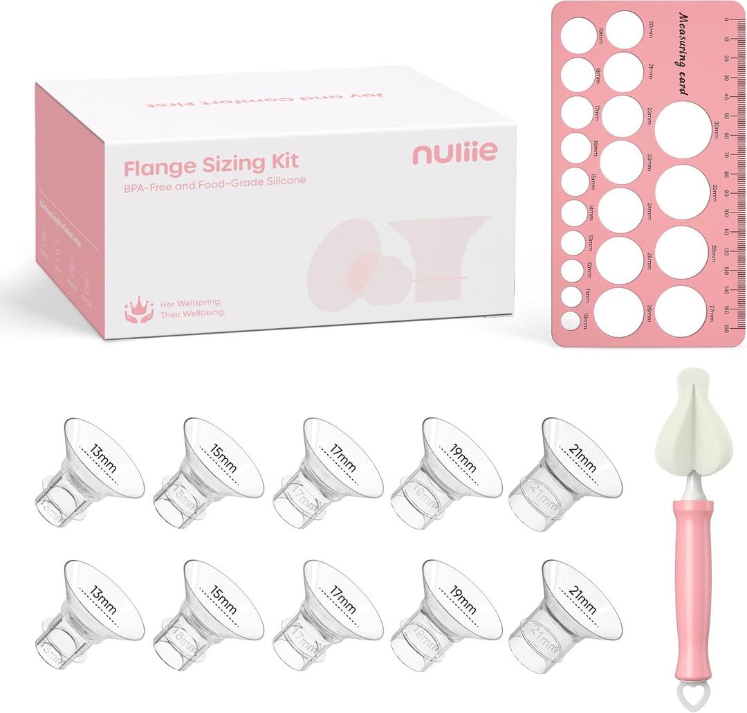Nuliie 3-in-1 Flange Sizing Kit 13/15/17/19/21mm for 24mm Electric Double Breast Pump Flange/Shield, 10PCS Silicone Flange Inserts to Boost Pumping Efficiency & Comfort, BPA-Free Essential for Moms