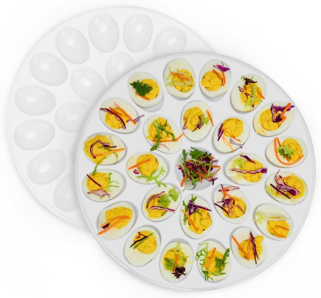 PAHTTO Deviled Egg Platter 2 Pack, Deviled Egg Trays with 24 Slot Each, Egg Container for Party Display, Portable Easter Egg Holder, Dishwasher Safe Melamine, 12inch Diameter