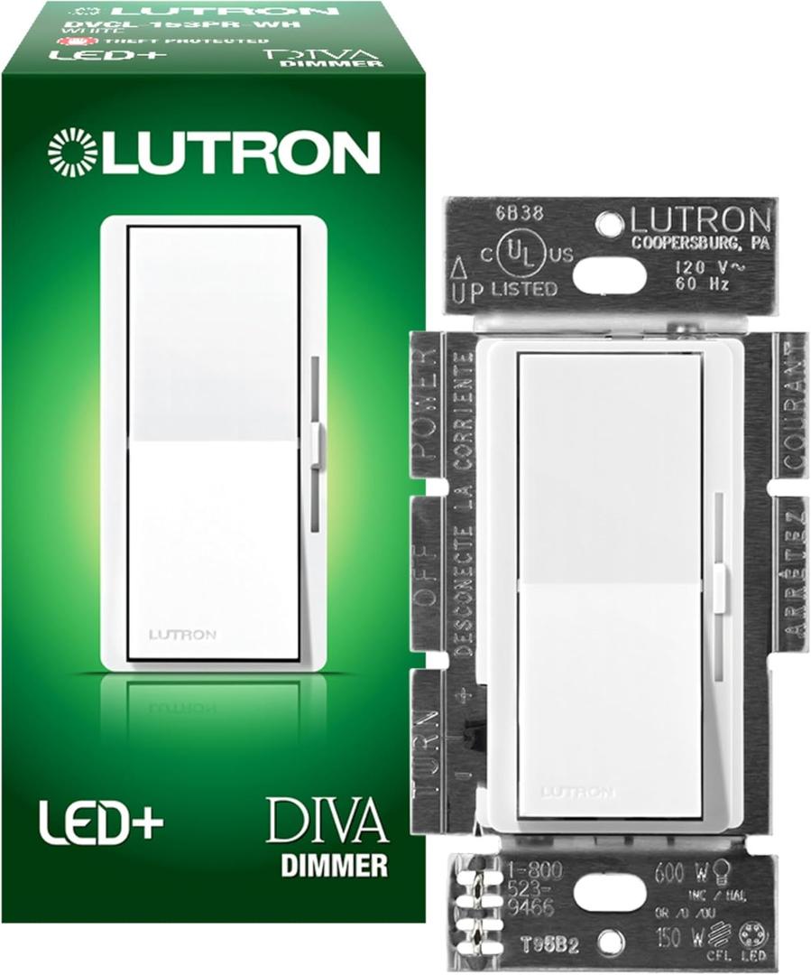 Lutron Diva LED+ Dimmer Switch for Dimmable LED, Halogen and Incandescent Bulbs, 150 Watt, Single-Pole or 3-Way, DVCL-153P-WH, White