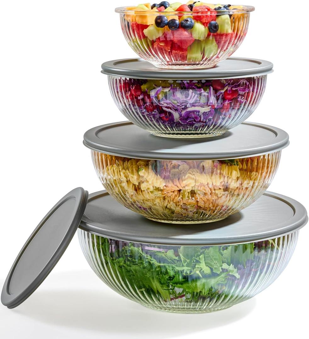 8pc Ribbed Glass Mixing Bowls with Leakproof Airtight Lids - BPA-Free Meal Prep Stackable Space Saving Nesting, Kitchen Baking Food Storage & Serving Containers - Microwave, Freezer, Dishwasher Safe., Gray