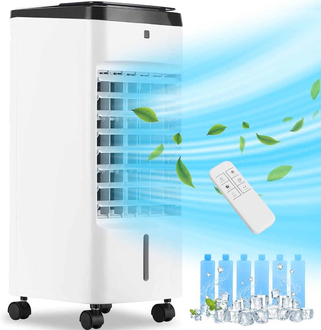 Portable Windowless Air Conditioner, 3 In 1 Evaporative Air Cooler with 6 Ice Packs, 4 Modes, 120Oscillation, 12 H Timer, 3 Speeds, Remote, Swamp Room Cooler Cooling Fan for Bedroom, Office