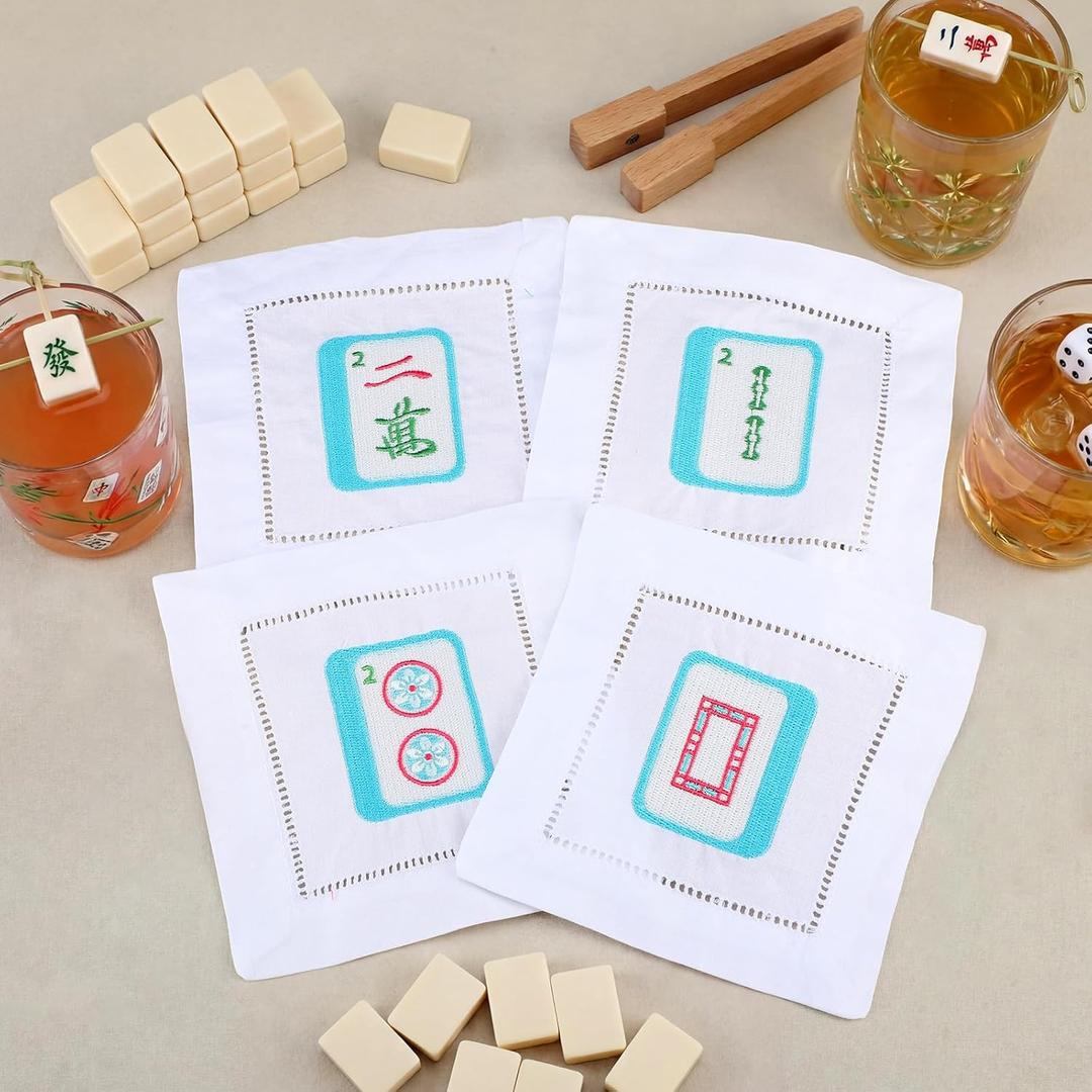 Chumia 4 Pcs Mahjong Themed Gifts Embroidered Linen Cocktail Napkins 6 Inch Square Reusable Drink Coasters for Mahjong Party, Chinese New Year, Housewarming Gifts & Game Night Decor
