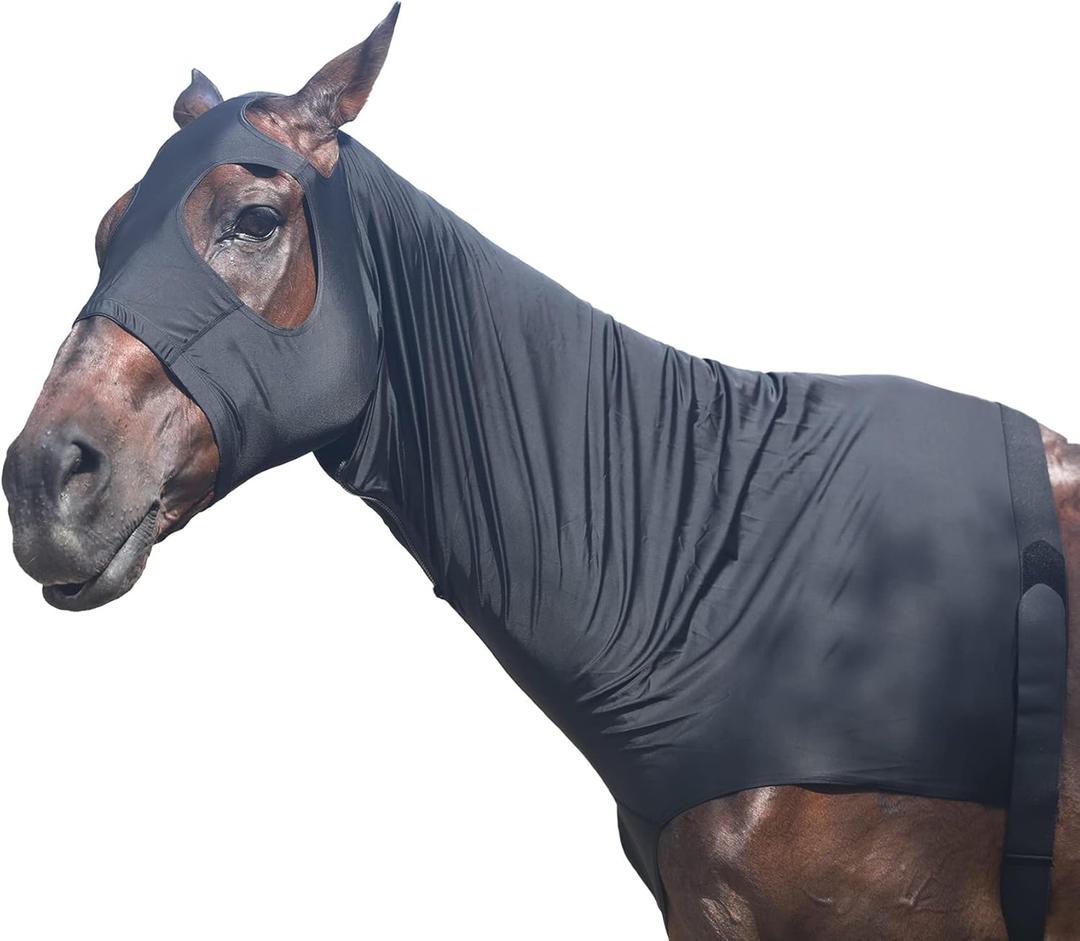 Horse Slinky Hood with Zipper, Stretch Spandex Sleazy Hood for Mane Protection, Breathable Horse Neck Cover for Show Prep, Braids Saver, Sleek Grooming Under Blanket Use Black Medium