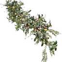 Christmas Garland with Lights, 7.5ft Greenery Pine Garland/Red Berry Garlands, Prelit Garland for Mantle Fireplace Outdoor Thanksgiving Xmas Holiday Decorations (Olive Leaf)