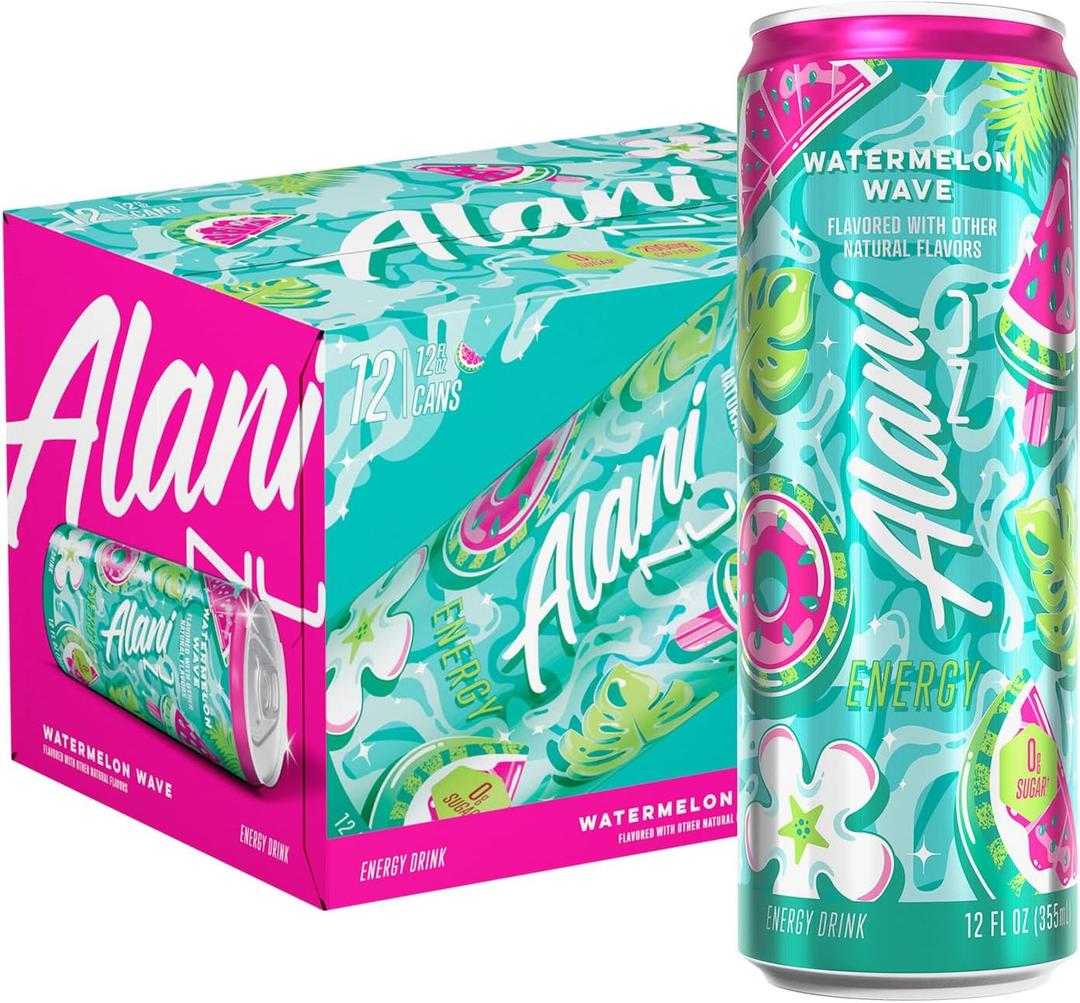 Alani Nu WATERMELON WAVE, Sugar Free, Low Calorie Energy Drinks, 200mg Caffeine, Biotin, B Vitamins, Zero Sugar, 10 Calories, 12 Fl Oz Cans, 12 Pack