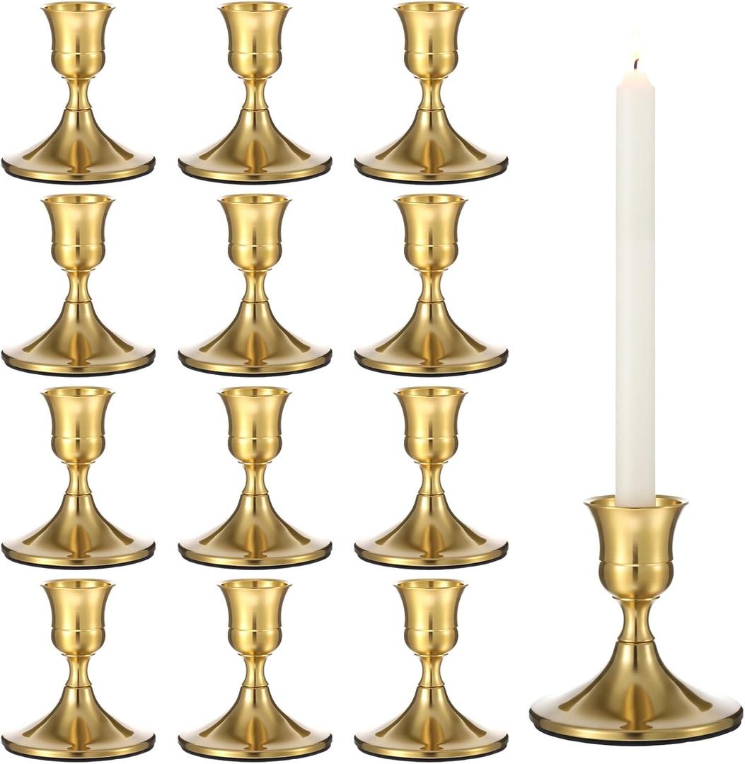 12 Pcs Brass Gold Taper Candle Holders Set, Vintage Metal Candlestick Holders Gold Taper Candle Holder Short for Dinner Room Table Centerpiece or Mantel Wedding Party Decor