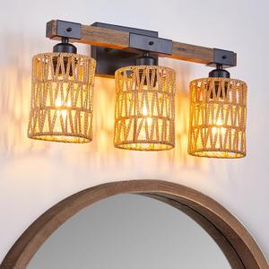 Bathroom Vanity Light, 3-Light Boho Bathroom Light Fixtures Over Mirror, Black Wood Rattan Farmhouse Rustic Wall Sconce, Bamboo Wicker Coastal Tropical Woven Bohemian Straw Wall Light