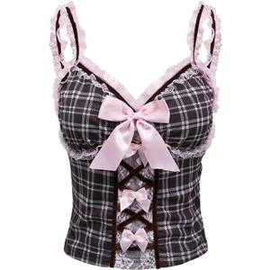 GORGLITTER Women's Leopard Print Bow Knot Cami Tops with Lace Cheetah Sleeveless Tank Tops Streetwear Y2k (Large, Black)