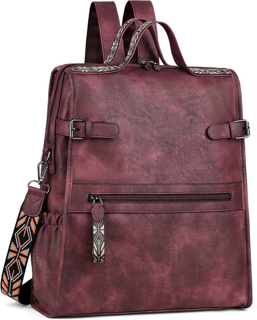 FADEON Leather Laptop Backpack for Women, Designer Ladies Work Travel Computer Backpack with Laptop Compartment Purse Red (Red Retro Style)