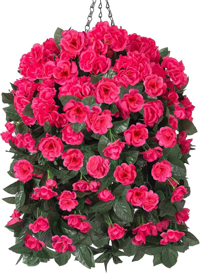 Artificial Geraniums Faux Hanging Plants Flowers Basket for Outdoors, Fake Silk Geraniums Vines in Planter UV Resistant Look Real Spring Summer Outdoor Decorations for Outside Yard Patio, Hotpink