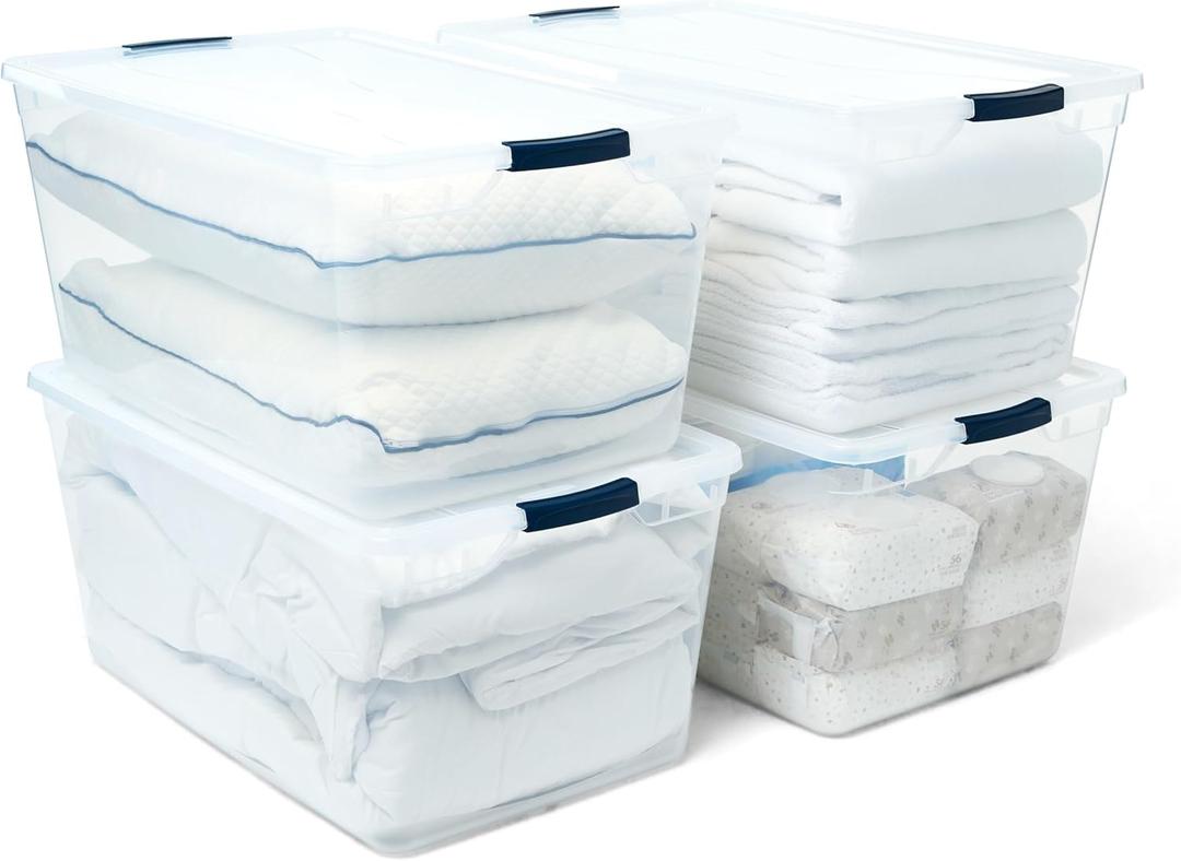 Rubbermaid Cleverstore 95 Qt Clear Storage Bins with Latching Lids, 4-Pack, Stackable, BPA-Free, Made in USA, Clear/Black