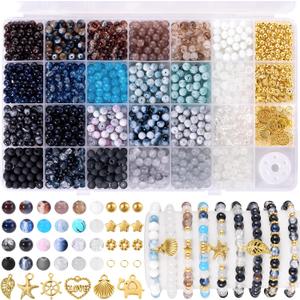 Funtopia Glass Beads for Jewelry Making, 1377pcs Neutral Tones Bracelet Making Kit, 24 Colors 6mm Round Glass Beads, Marble Loose Beads and Gold Spacer Beads, DIY Crafts Gifts for Women Men