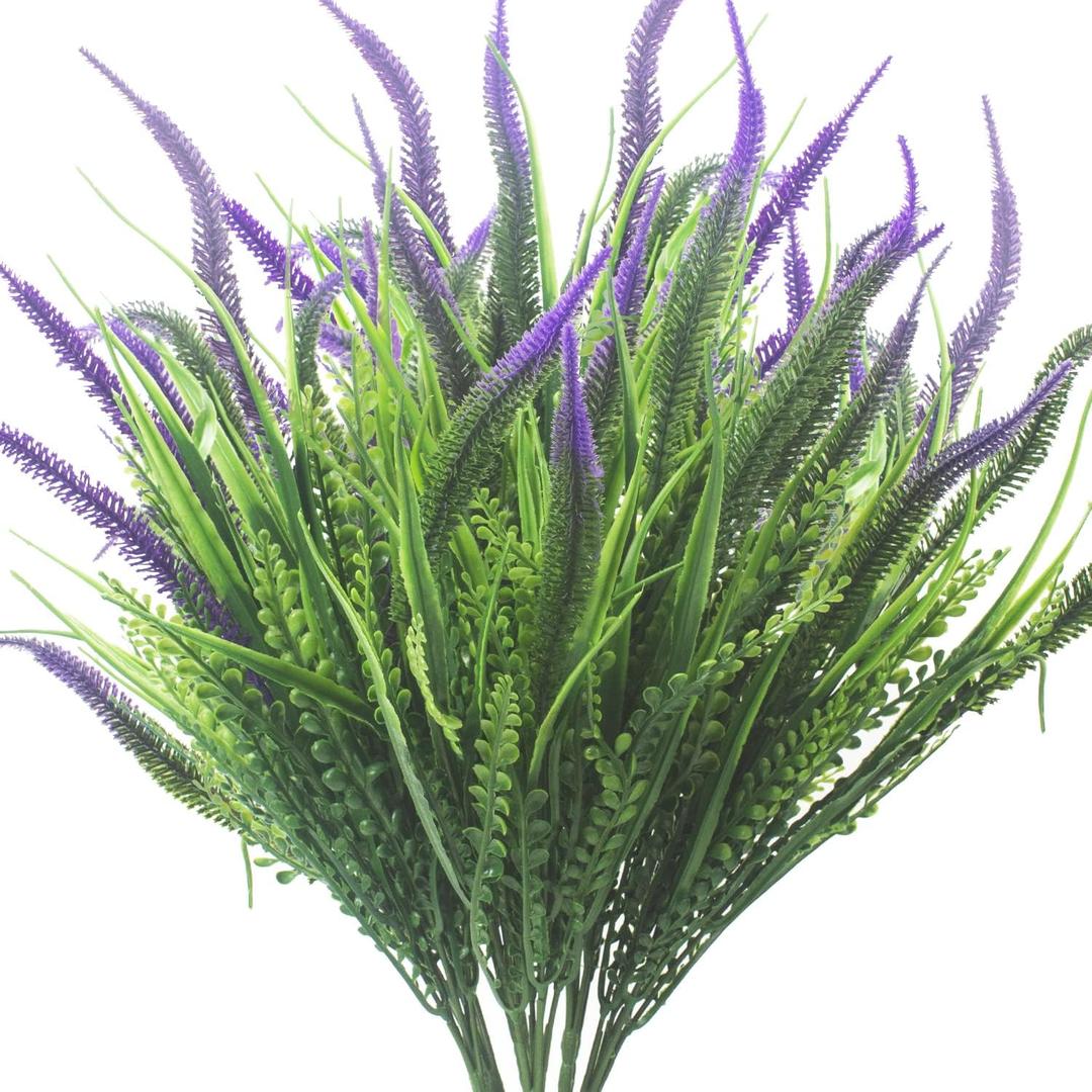 Grunyia 10 Bundles Artificial Plants Outdoor Fake Grass with Flowers UV Resistant Greenery Garden Porch Window Box Decorating (Purple)