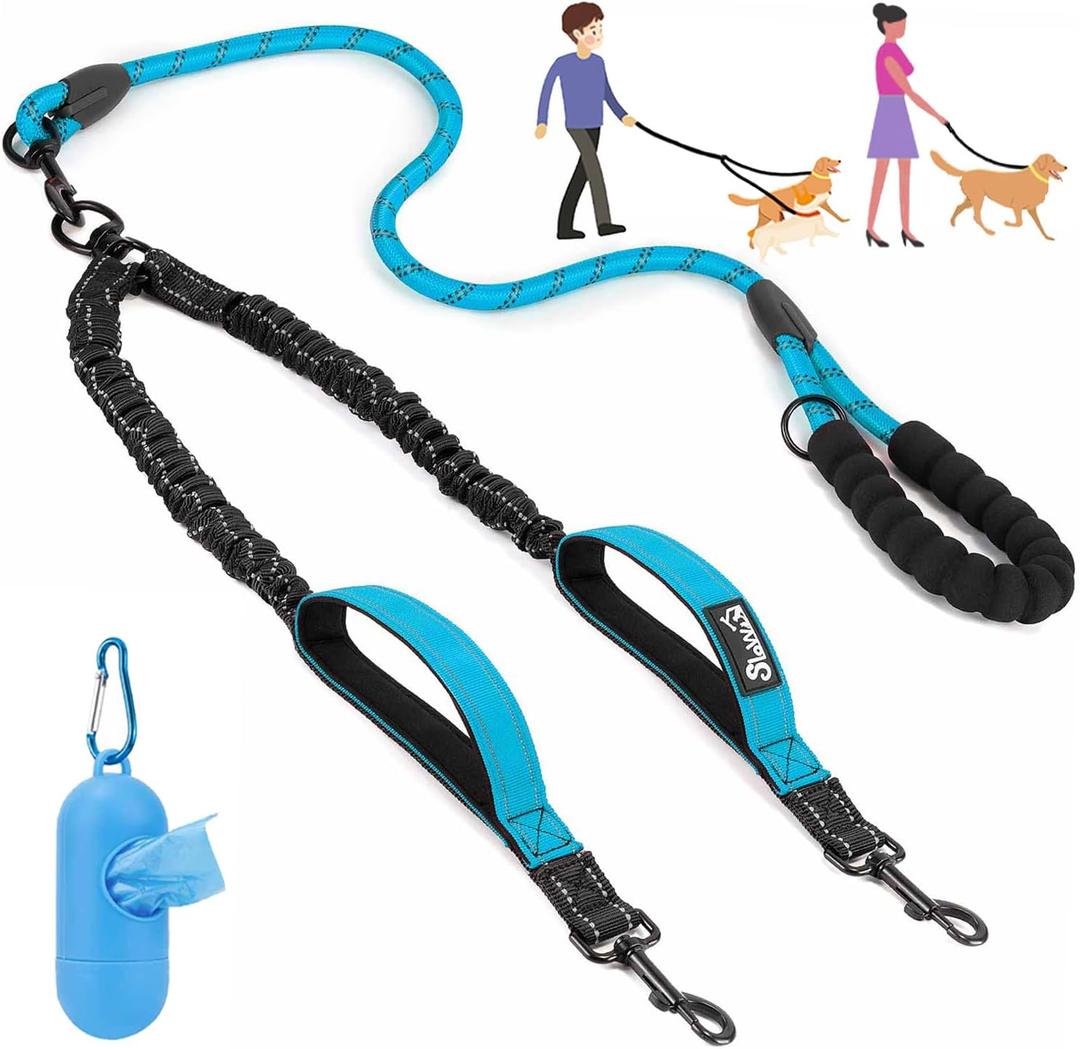 Lukovee Double Dog Leash, No Tangle 360 Swivel Heavy Duty Reflective Lead with Two Padded Handles Dual Dog Splitter, Comfortable Shock Absorbing Walking Training for Small Medium Large Dogs(Blue,M)