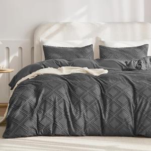 JELLYMONI Duvet Cover King Size Dark Grey - 3PCS Boho Duvet Cover Set Plaid Polyester Tufted Bohemian Jacquard Knit Textured Comforter Cover 10490in Rhombic Geometric Pattern Zipper Corner Tie