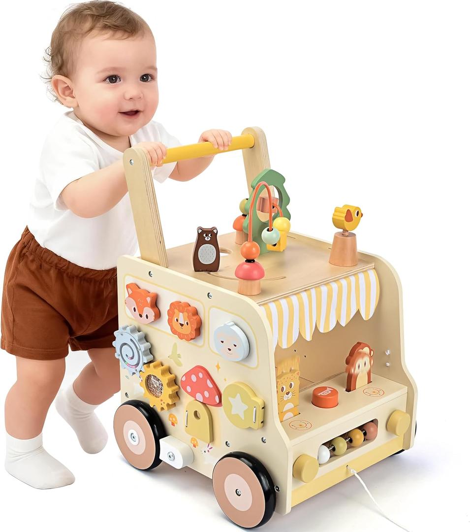 Pithfor Wooden Activity Cube Push Walker, Wooden Baby Walker, Montessori Toys for Babies 10-12 Months 1 2 3 Years Old Boys & Girls, Help Learning to Walk & Sit-To-Stand