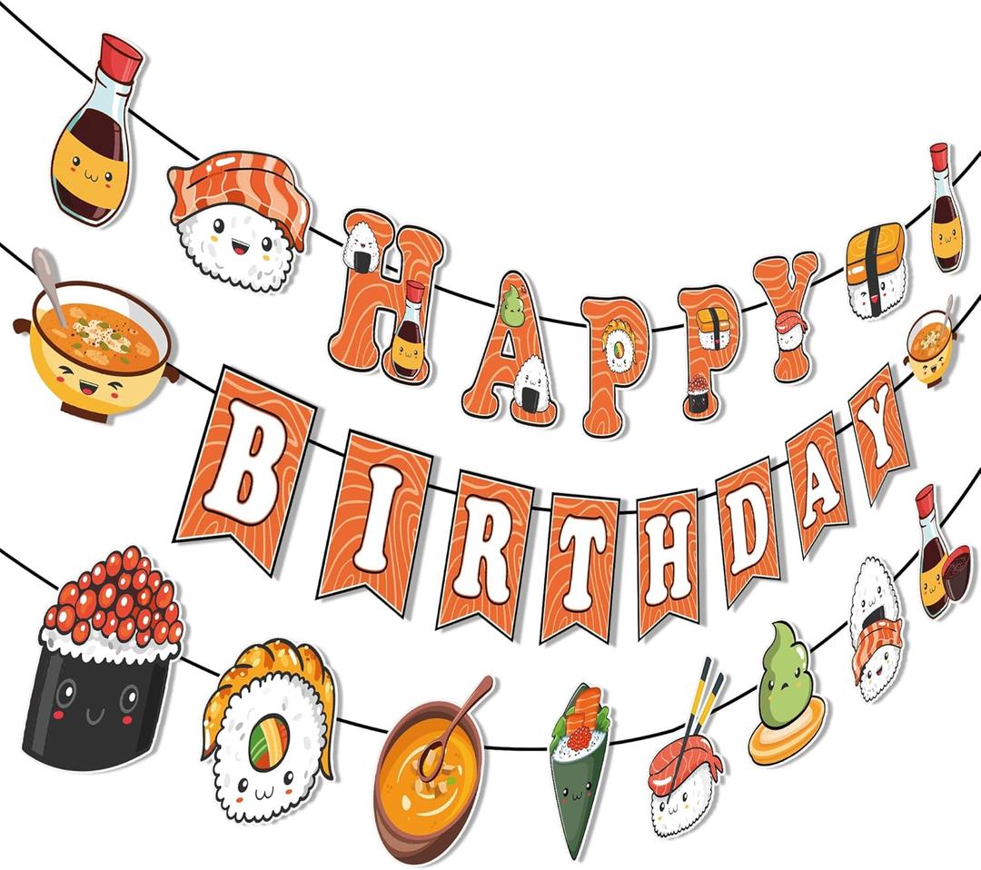 Sushi Happy Birthday Banners - 3PCS Sushi Garland Banners Japanese Sushi Party Decorations Japanese Sushi Party Supplies Sushi Theme Birthday Party